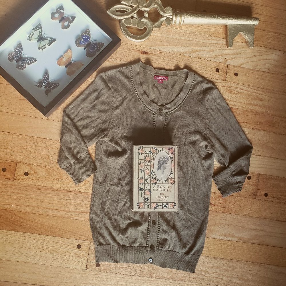Olive Beaded 100% Cotton 3/4 Sleeve Cardigan